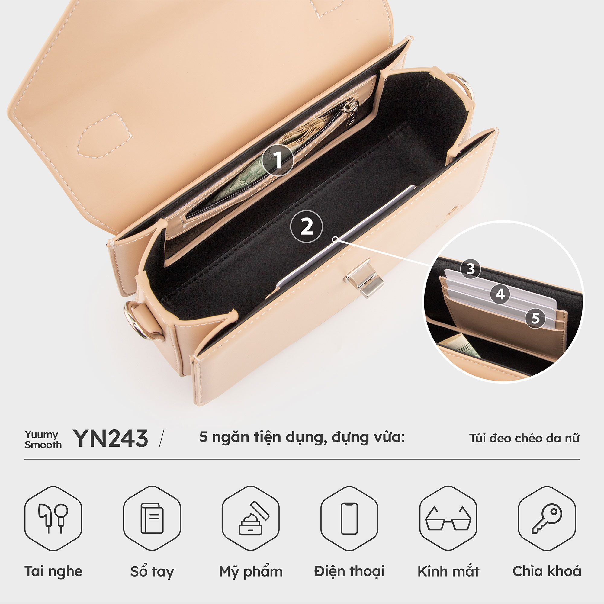 Túi Yuumy ( Thời trang nữ phối khóa xoay kim loại sang trọng size 22 - Túi đeo chéo da Smooth YN243 )