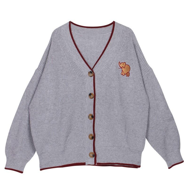 MS334 Áo khoác cardigan len nữ viền màu cổ tim thêu voi