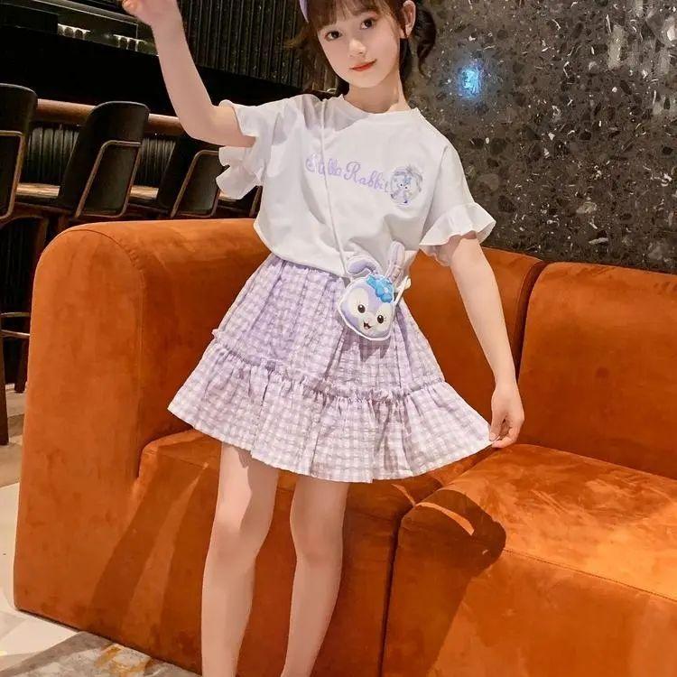 DONGSHOP Cô gái ăn mặc mùa hè phong cách phương Tây 2022 trẻ em Hàn Quốc mùa hè lưới đỏ kẻ sọc ngắn tay áo hai mảnh váy