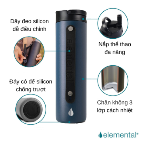 Bình giữ nhiệt Elemental Iconic sport màu xanh navy 590ml, giữ nhiệt vượt trội, inox 304, FDA Hoa Kì, An toàn sức khỏe, có ống hút