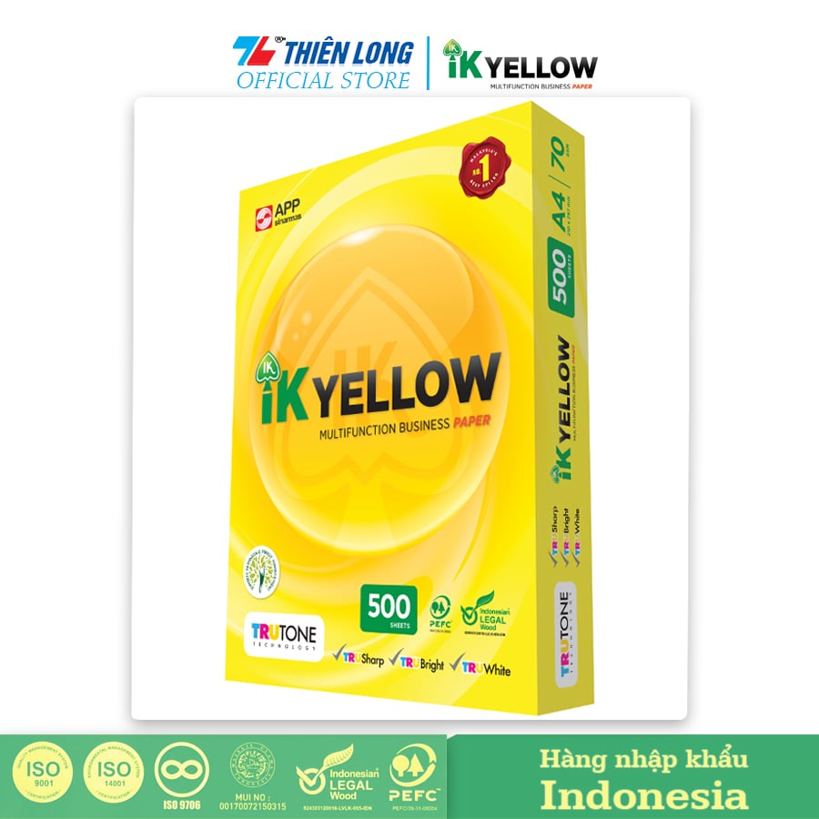 Combo 5 Ream giấy IK Yellow đa năng A4 70 gsm - Hàng nhập khẩu Indonesia