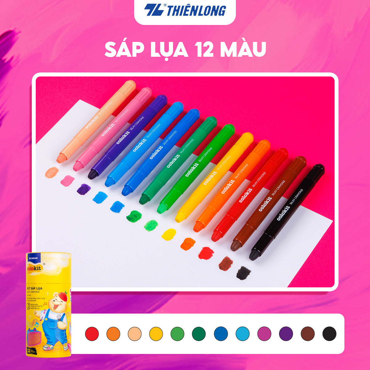 Bút sáp lụa vặn - Silky Crayons Thiên Long Colokit - Mềm khô nhanh không lem