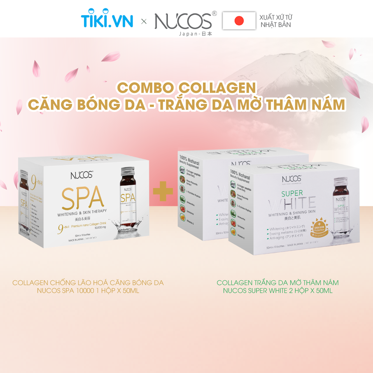 Combo collagen căng bóng trắng da mờ thâm nám Nucos Spa 10.000 và Nucos Super White 3 hộpx10 chaI