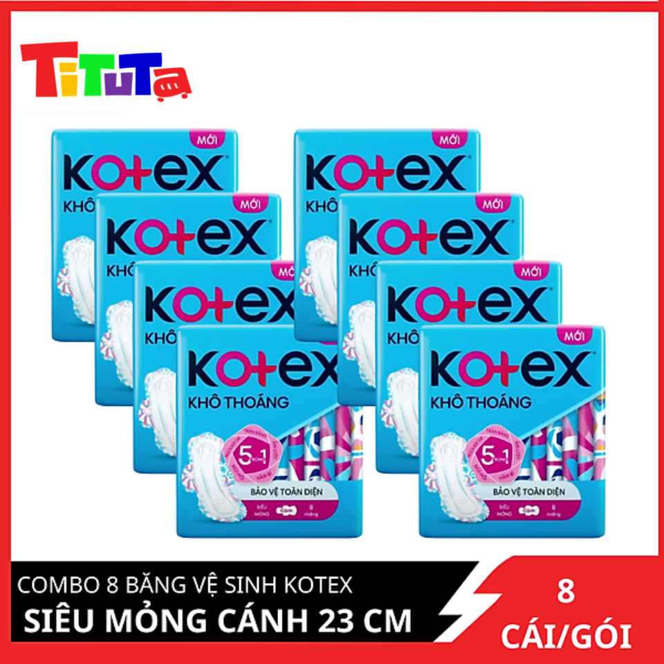 Combo 8 Băng vệ sinh Kotex Khô thoáng siêu mỏng cánh 23cm 8 miếng