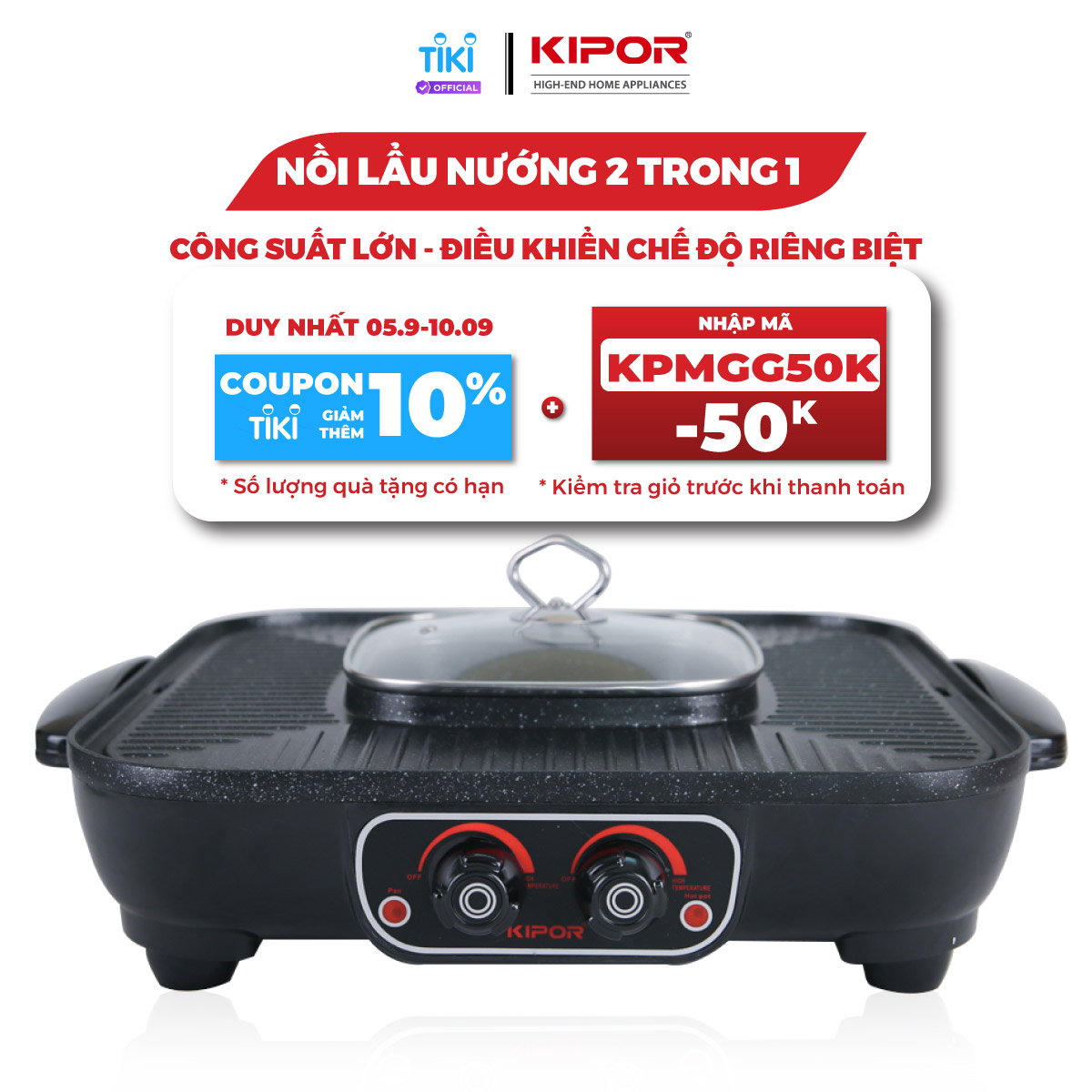 Bếp lẩu nướng điện không khói KIPOR KP-HG4020 - Lẩu, nướng đồng thời điều chỉnh nhiệt độc lập - Chống dính WHITFORD cao cấp -Hàng chính hãng