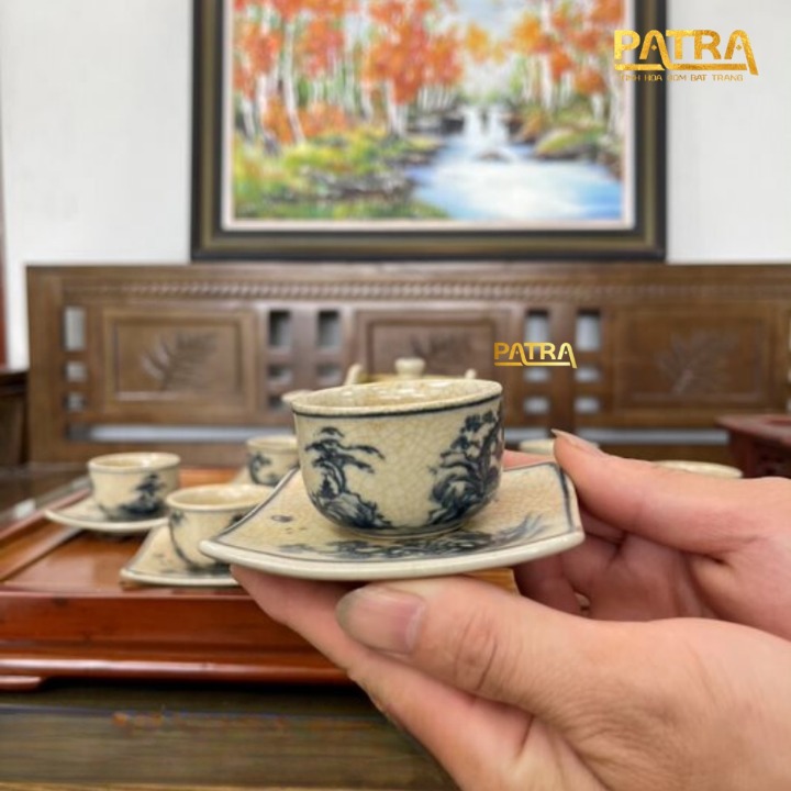 Bộ ấm chén uống trà cao cấp , bộ ấm trà Bát Tràng men rạn 005