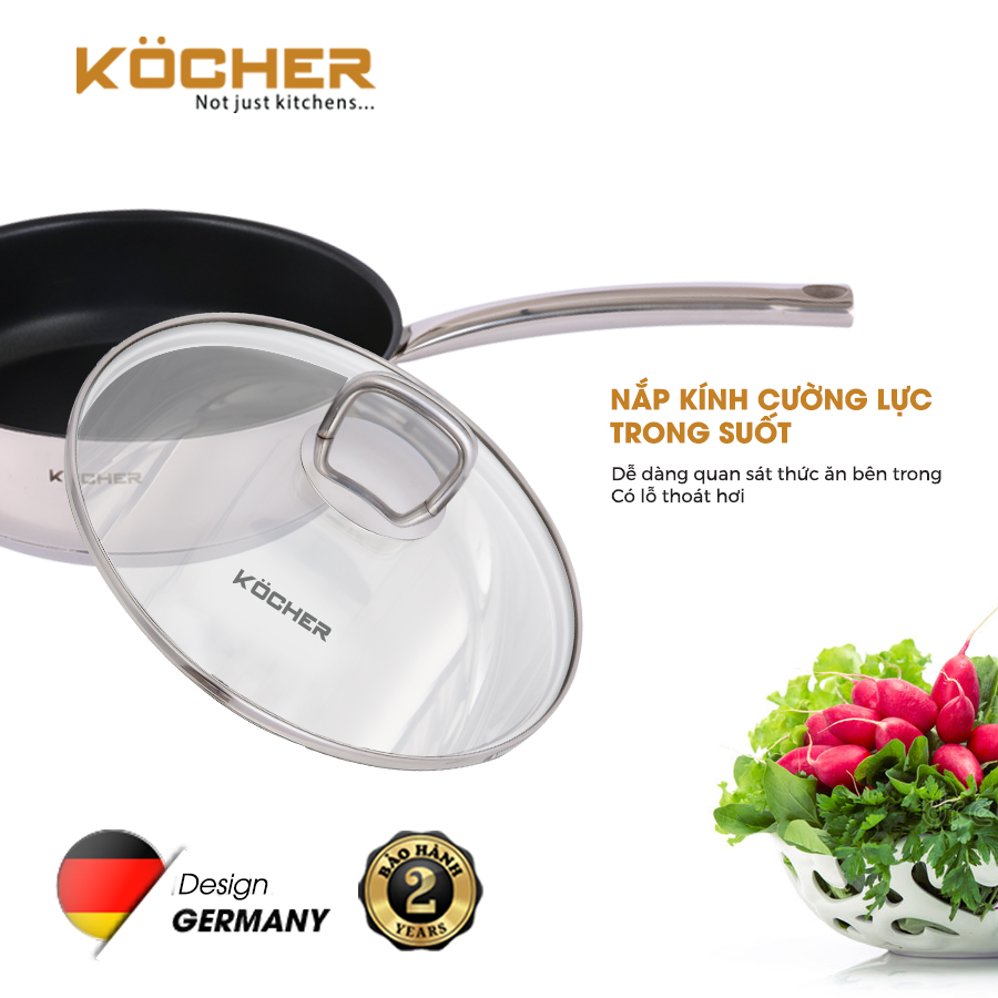 Chảo Chống Dính Bếp Từ, Chảo Đáy Từ Sâu Lòng KOCHER Có Nắp Kính Kocher Cao Cấp Size 24cm