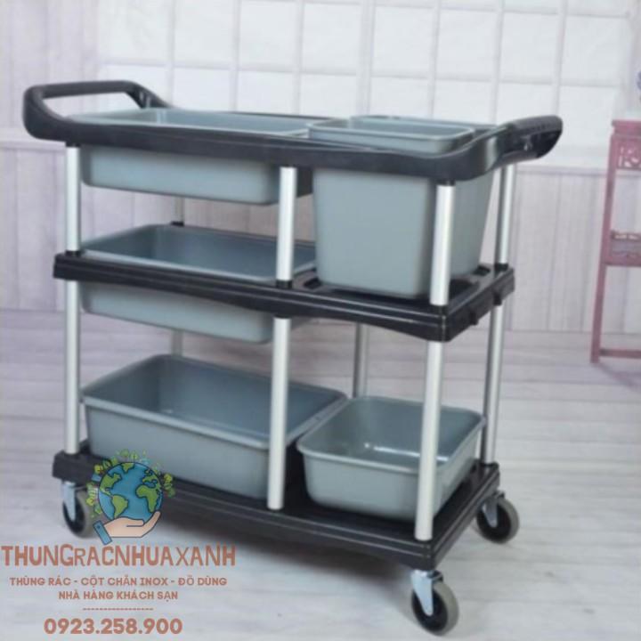 XE ĐẨY NHÀ HÀNG 3 TẦNG - XE ĐẨY THU GOM CHÉN DĨA CHẤT LIỆU NHỰA