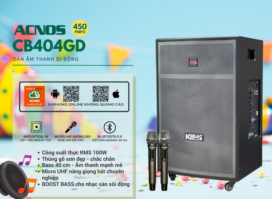 Dàn Karaoke di động ACNOS CB404GD - Loa kéo bass 4 tấc - Công suất lên đến 450W - Đầy đủ bluetooth 5.0, cổng quang (Optical), AUX, USB – Điều chỉnh Delay, Echo dễ dàng - Chế độ Bass Boost tăng âm trầm cực mạnh - Kèm 2 micro không dây UHF - Hàng nhập khẩu