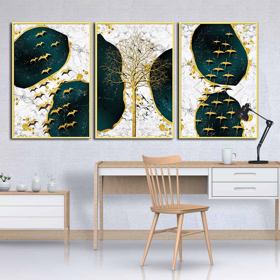 Bộ 3 tranh canvas treo tường Decor Họa tiết vàng phong cách đơn giản - DC035