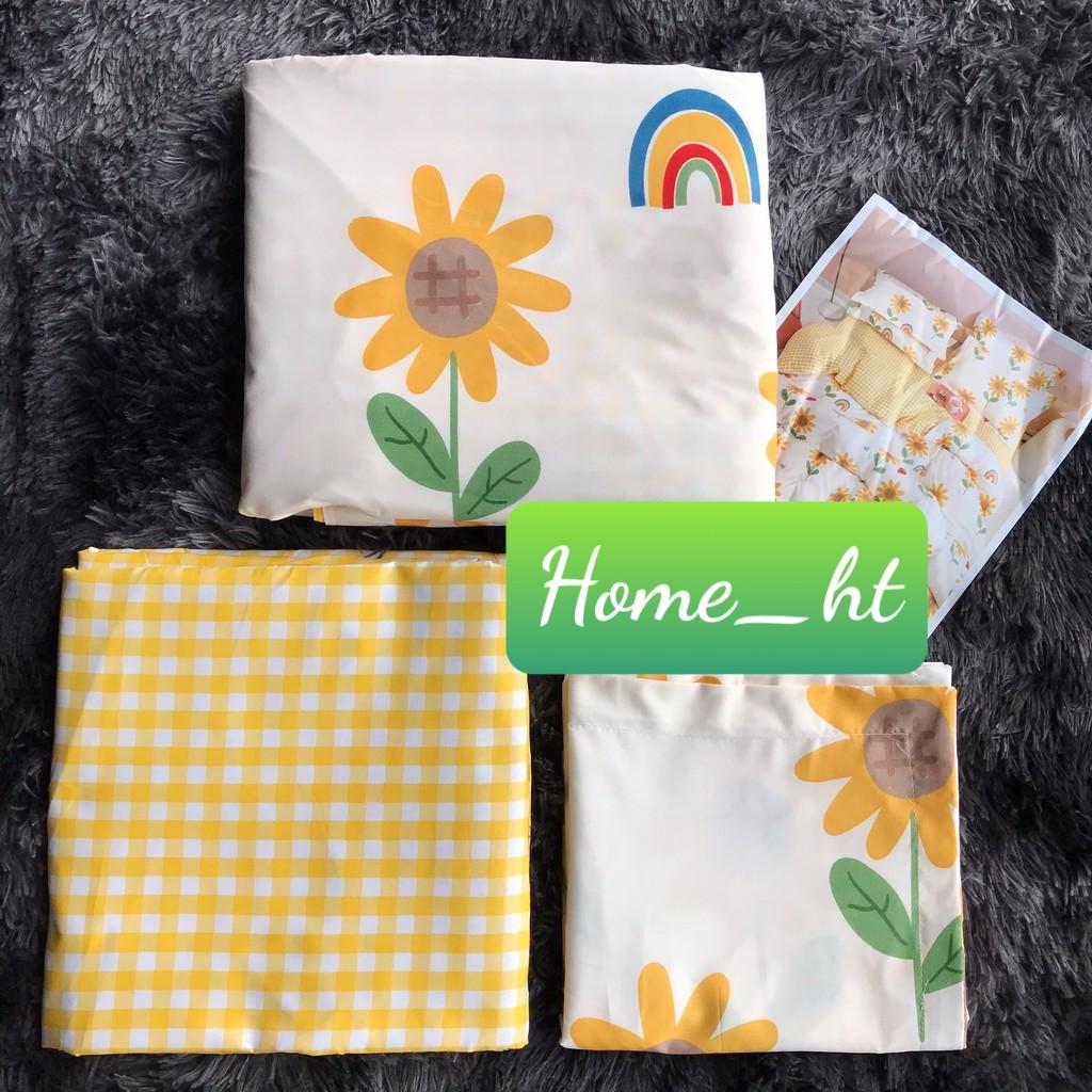 Bộ chăn ga Cotton Poly hoa vàng phối caro mẫu mới - Hàng nhập khẩu