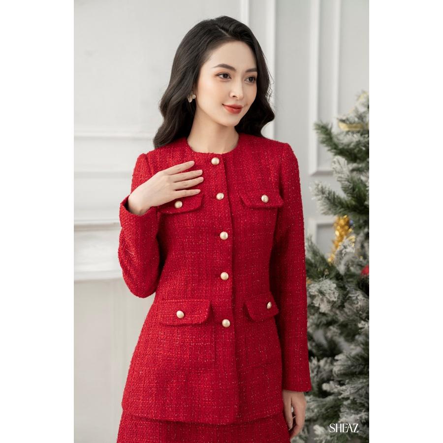 SHEAZ Chân Váy Tweed Đỏ Dáng A Hơi Ôm Phong Cách Hàn Quốc