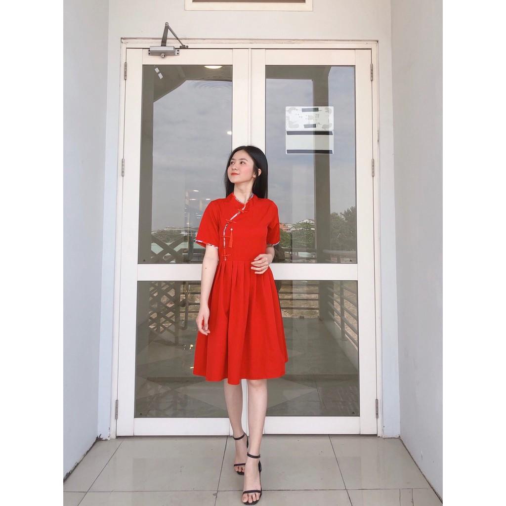 ĐẦM ĐŨI MỊN HANBOK NÚT TÀU CHÉO ĐỎ HỒNG NGÀY TẾT