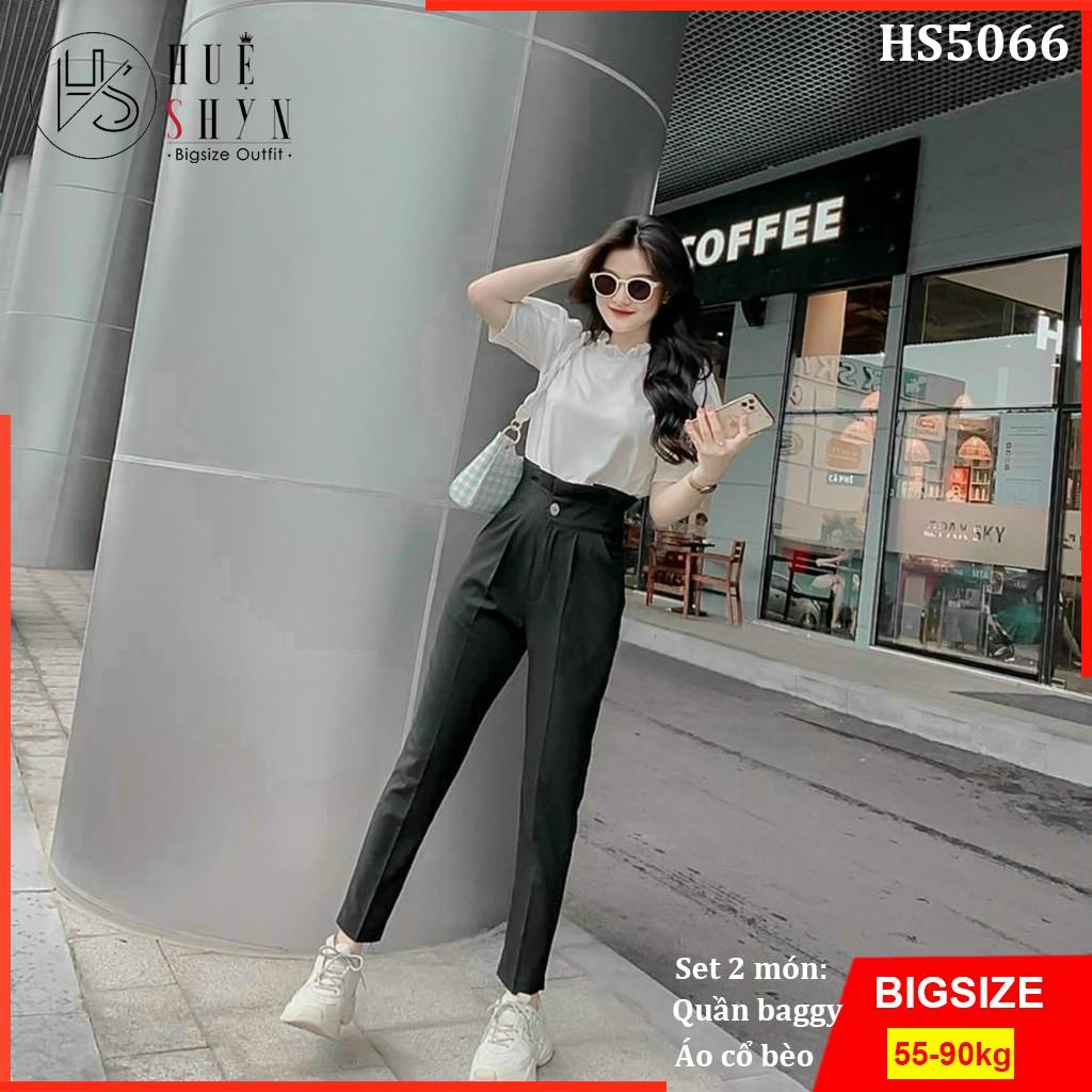 Set quần áo bigsize nữ: quần bigsize nữ baggy khóa kéo lưng bèo + áo bigsize nữ cổ bèo HS5066  - Size 55-90kg L XL XXL