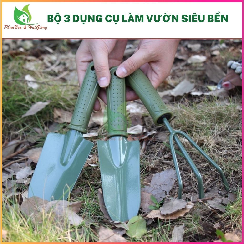 Bộ Dụng Cụ Làm Vườn 3 Món (Thép Xanh) Dùng Cào Đất, Xúc Đất Trồng Hoa, Rau Sạch, Cây Cảnh - Shop Phân Bón và Hạt Giống