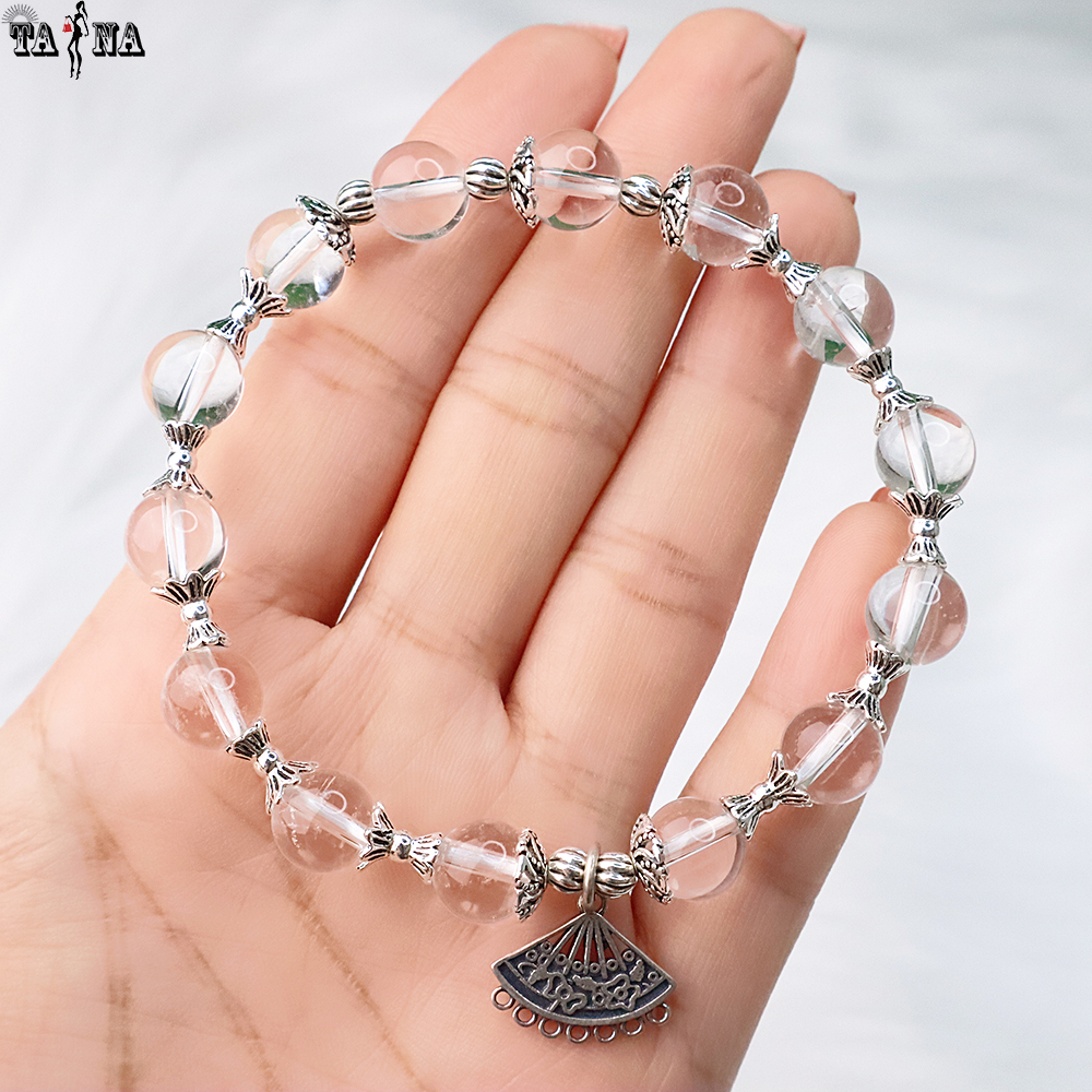 Vòng đá thạch anh trắng mix charm bạc 925 cao cấp
