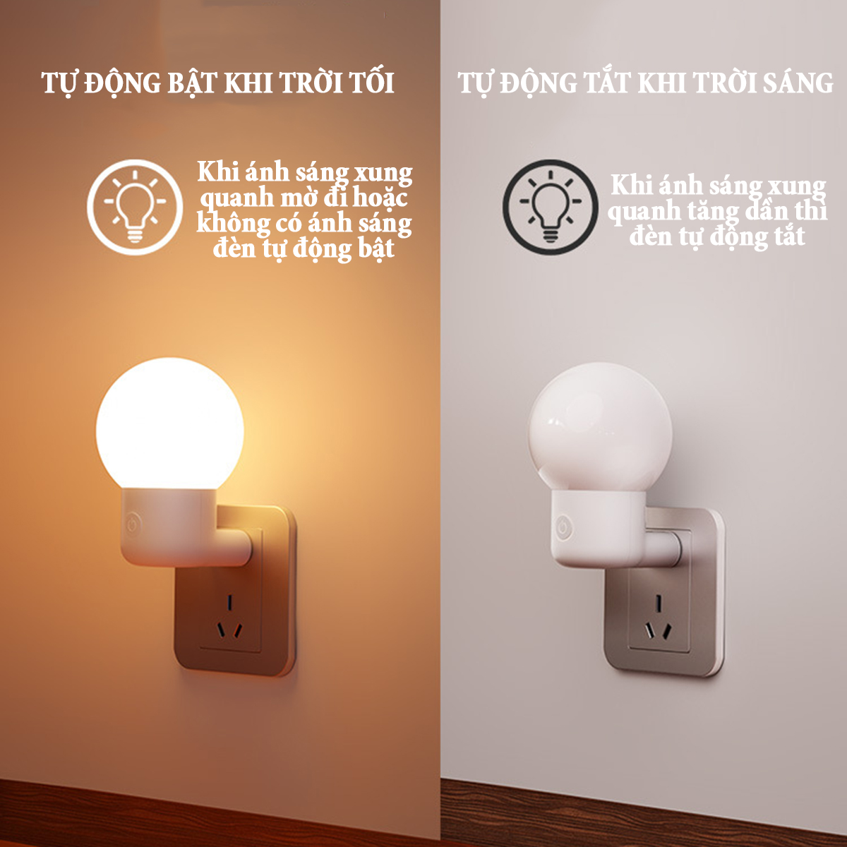 Đèn cảm ứng ánh sáng tự động bật sáng khi trời tối, đèn tắt khi trời sáng, ánh sáng 2 màu tùy chọn công suất 3W, phích cắm dẹp 2 chân
