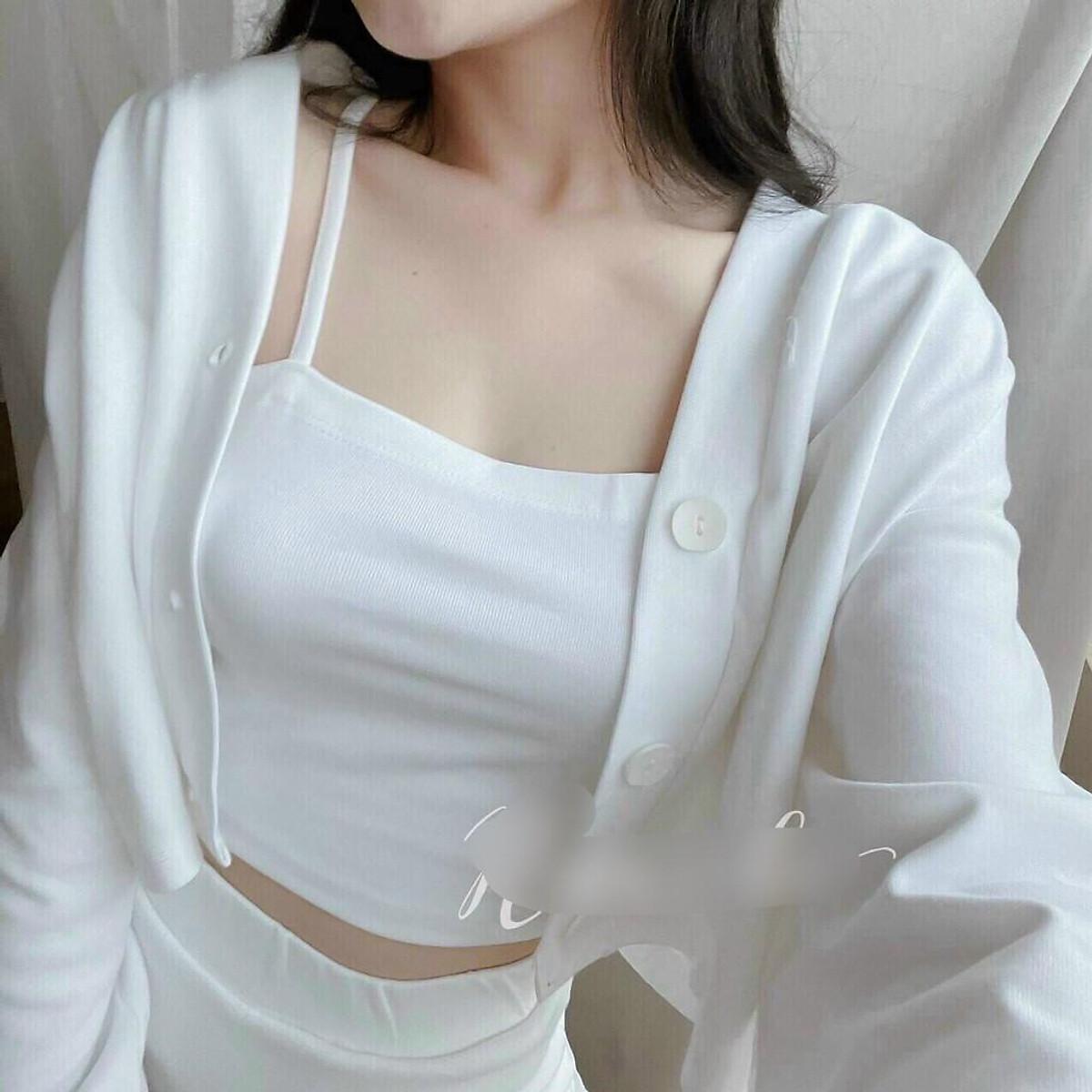 Sét 3 món áo khoác ngoài + áo 2 dây phối chân váy chữ A màu trắng trẻ trung thanh lịch