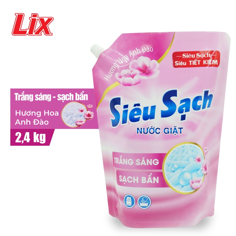 COMBO 2 Túi nước giặt Lix siêu sạch hương hoa anh đào (2 túi x 2.4kg) N2502