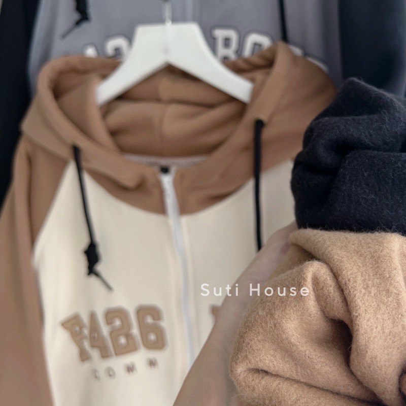 Áo khoác hoodie zip F426 phối tay V2 có nón vải nỉ bông 2 màu form rộng unisex nam nữ, Áo khoác nỉ bông BORDER F426 Hoodie Zip unisex nam nữ