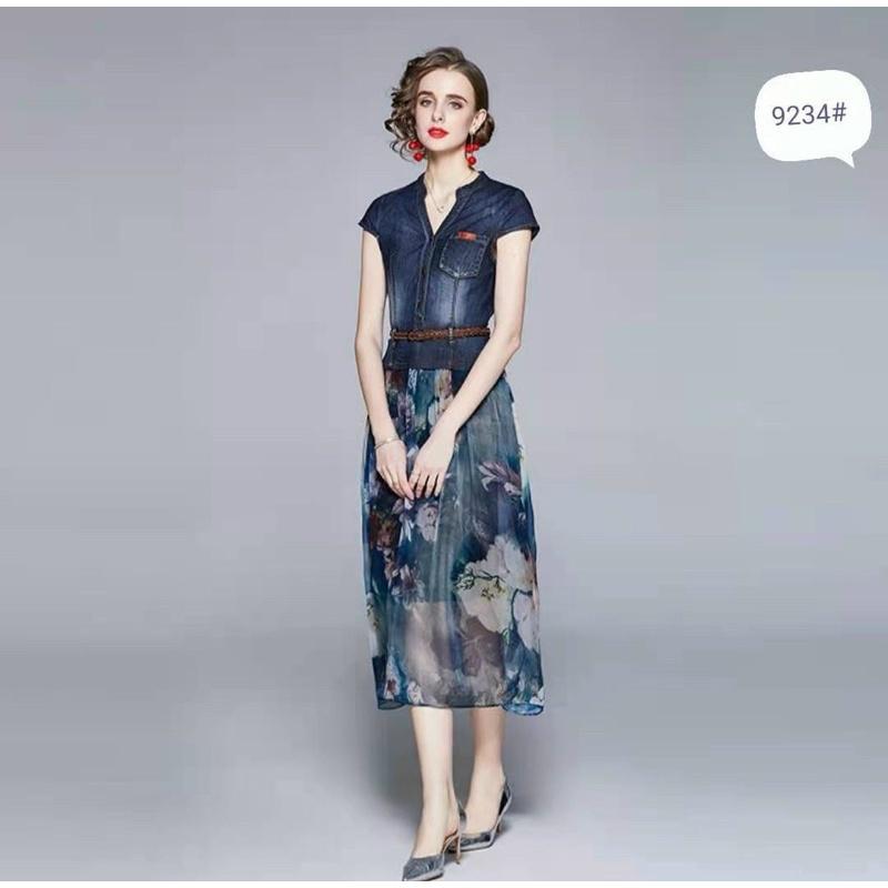 Đầm xòe denim phối vol lụa tơ .Size MLXL