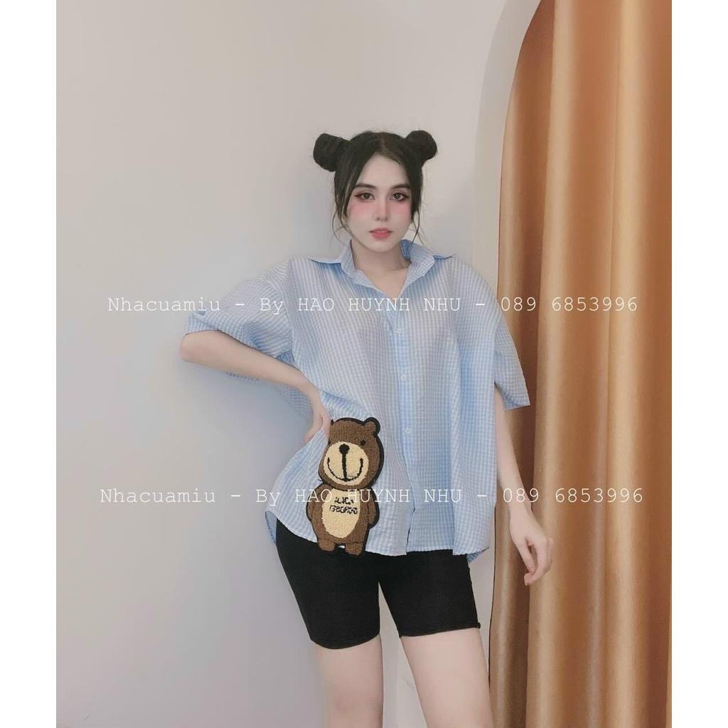 Sét bộ nữ áo sơ mi kẻ sọc tay lửng in hình bé gấu dễ thương phối quần lửng ngố ôm body xinh xắn thời trang nữ dạo phố