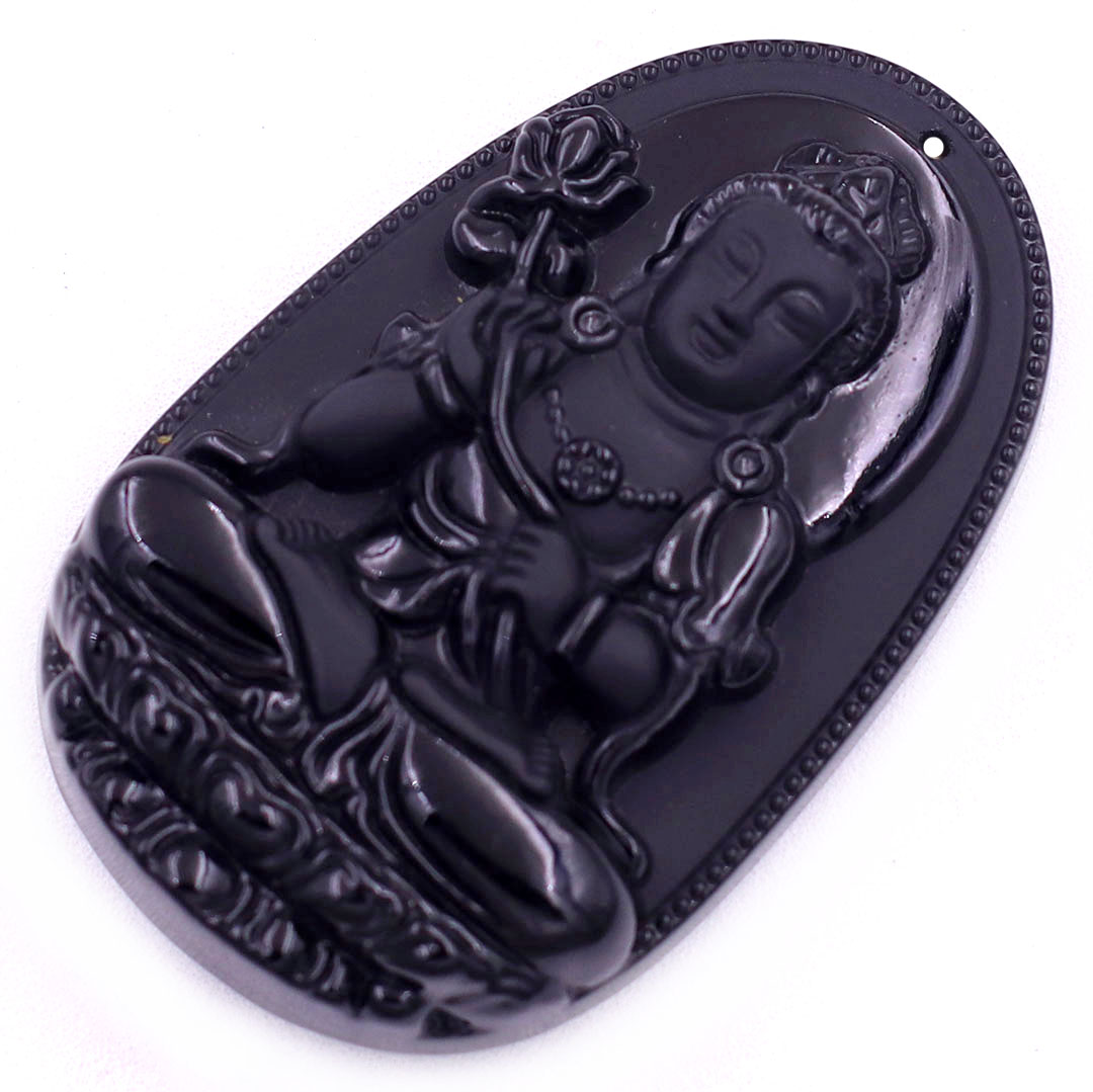 Mặt Phật Đại thế chí thạch anh đen 5 cm kèm vòng cổ hạt chuỗi đá đen - mặt dây chuyền size lớn - size L, Mặt Phật bản mệnh