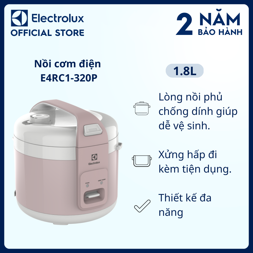 Nồi cơm điện Electrolux 1.8L E4RC1-320P, Thiết kế đa năng, dung tích lớn [ Hàng chính hãng]