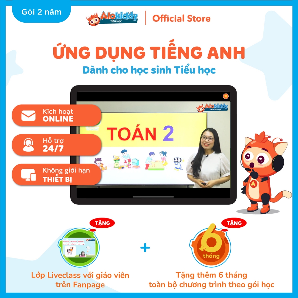 [Gói 2 năm] Mã học Toán Tiếng Việt Tiếng Anh trên app ALOKIDDY TIỂU HỌC dành cho trẻ từ Lớp 1 đến Lớp 5 Áp dụng toàn quốc