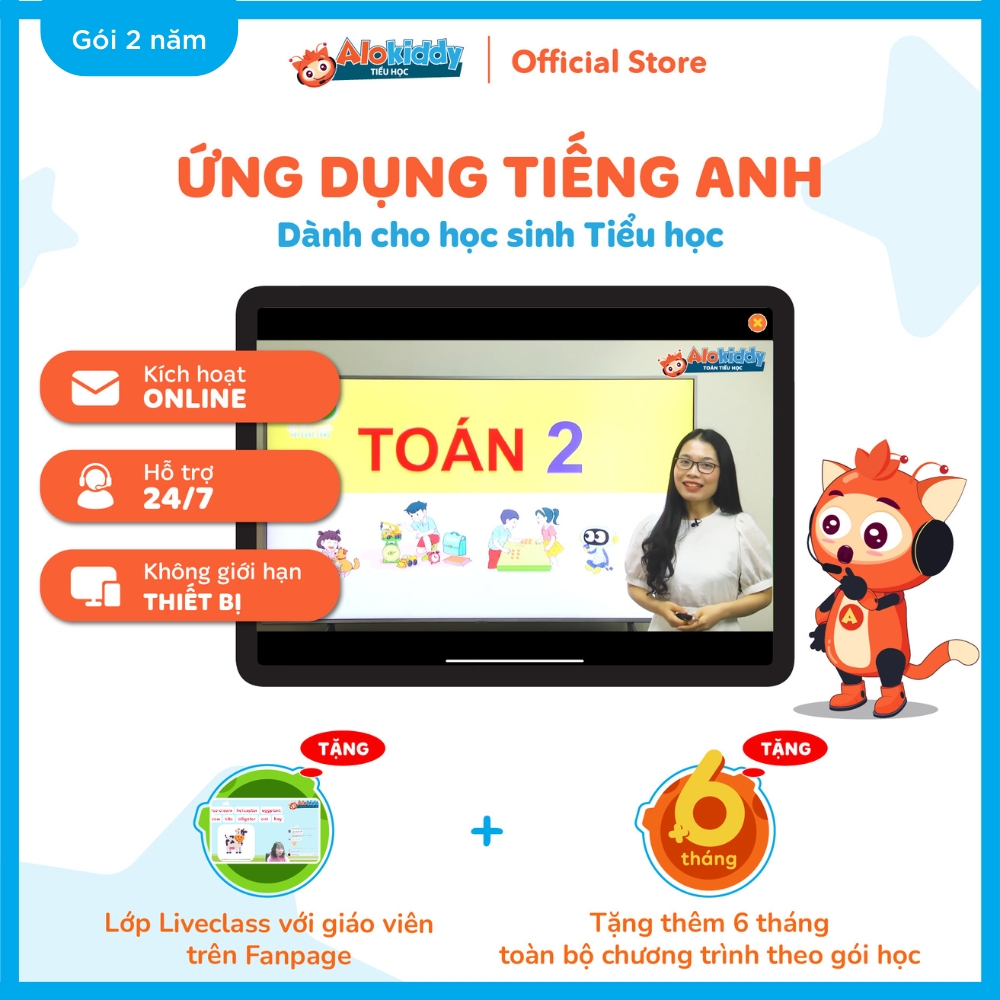 Mã học Toán Tiếng Việt Tiếng Anh trên app ALOKIDDY TIỂU HỌC dành cho trẻ từ Lớp 1 đến Lớp 5 Áp dụng toàn quốc