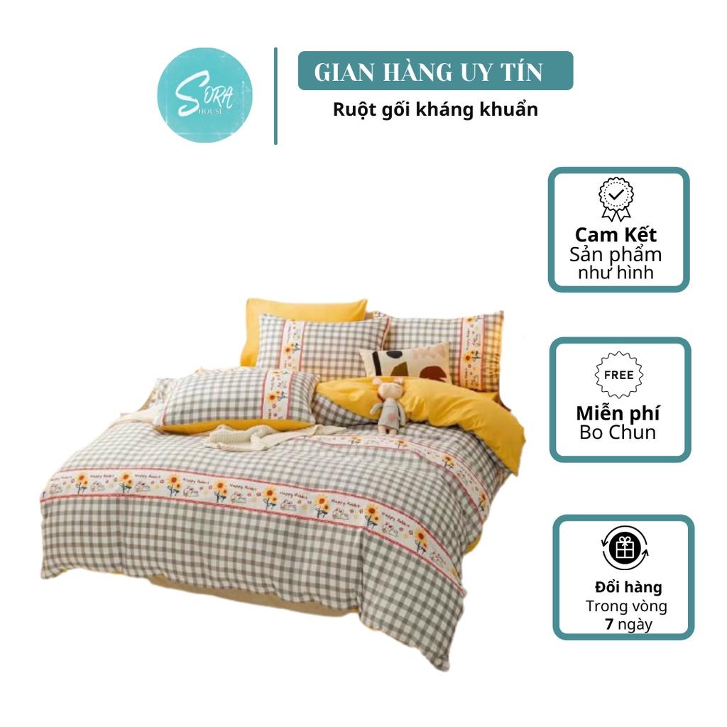 Bộ Chăn Ga Gối Cotton Poly Caro Đen Thổ Cẩm Hoa