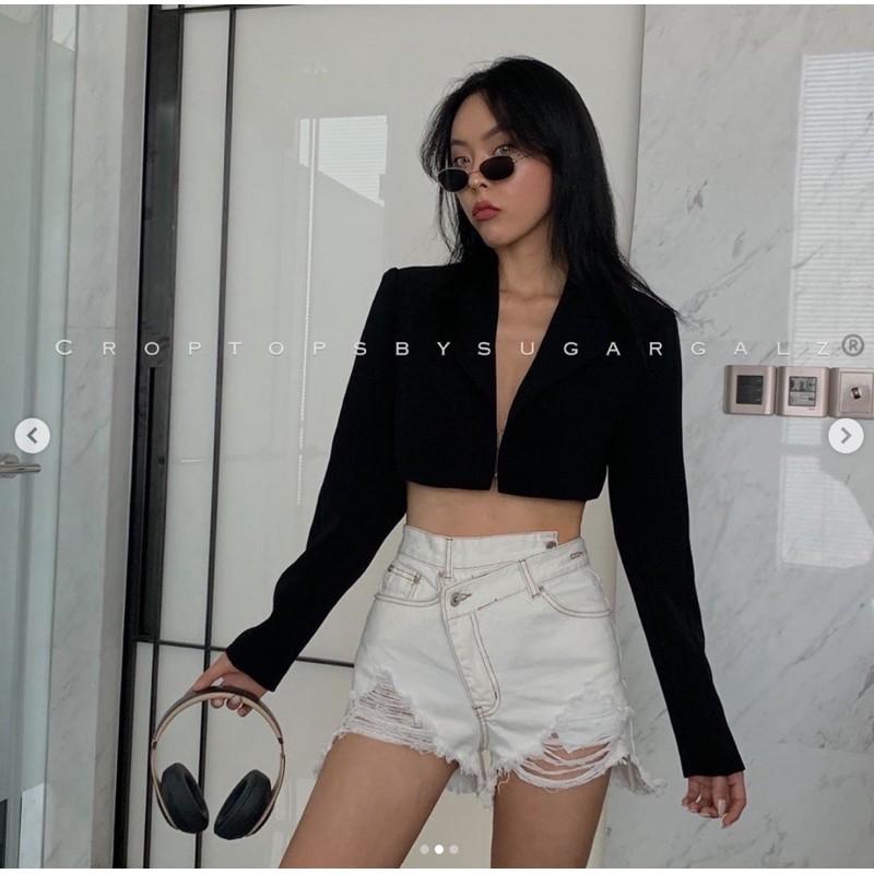 Áo croptop cổ Vest tay dài 1 khuy cúc - by SGGz