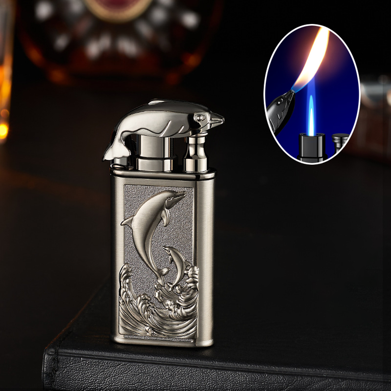 Bật lửa hột quẹt 2 chế độ lửa hình cá heo kim loại - xài gas