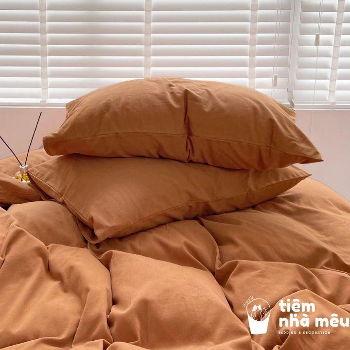 Bộ Vỏ Chăn Ga Gối Cotton Đũi 1m6/1m8/2m - Tiệm Nhà MêuSet 4 Món Cotton Đũi Màu Nâu Cam Siêu Mềm Mịn Cao Cấp Nhập Khẩu