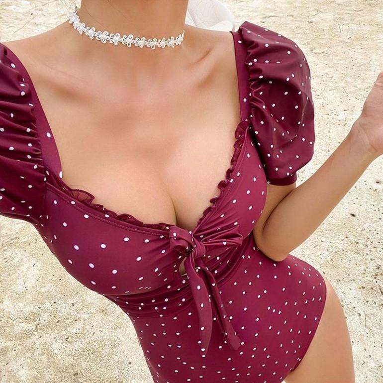 Bikini Áo Tắm Tay Bồng Bánh Bèo Quảng Châu Hottrend 2021 Hoạ Tiết Chấm Bi Thắt Nơ Sexy Xịn Đẹp