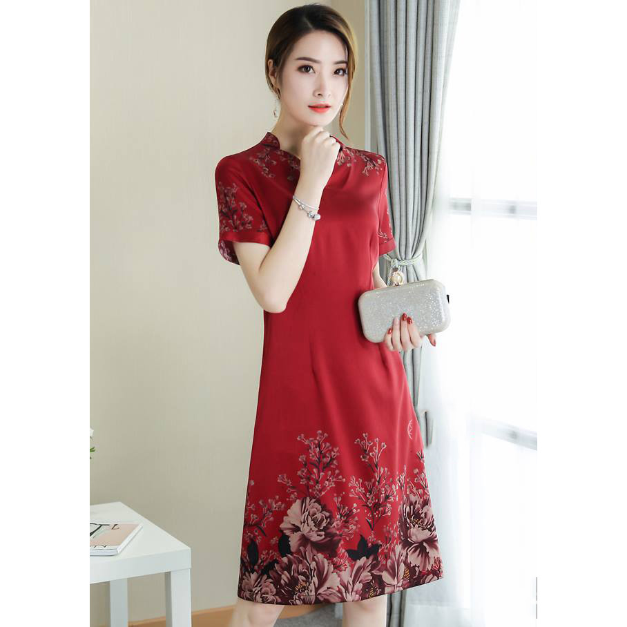 Váy lụa tơ tằm cộc tay họa tiết hoa đỏ đậm A45