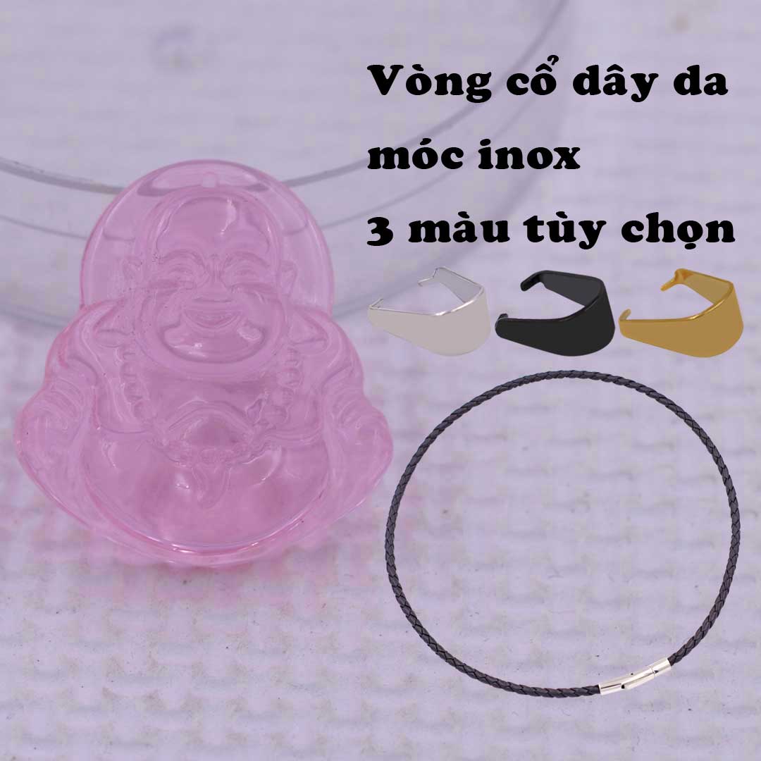 Mặt Phật Di lặc Pha lê hồng 3.6 cm kèm vòng cổ dây da đen + móc inox vàng, mặt dây chuyền Phật cười