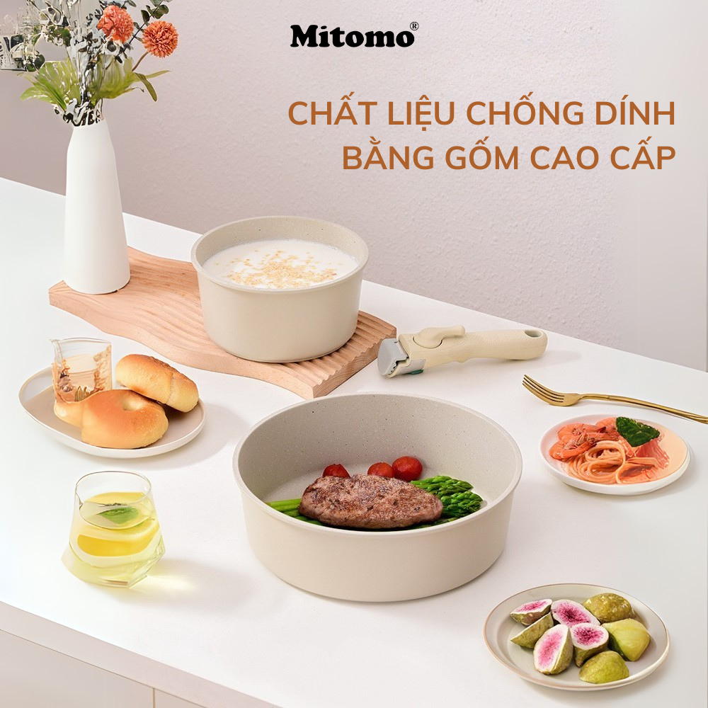 Bộ nồi chảo đá gốm Mitomo chống dính cao cấp 5 món có tay cầm tháo rời, dùng cho mọi loại bếp - Hàng chính hãng