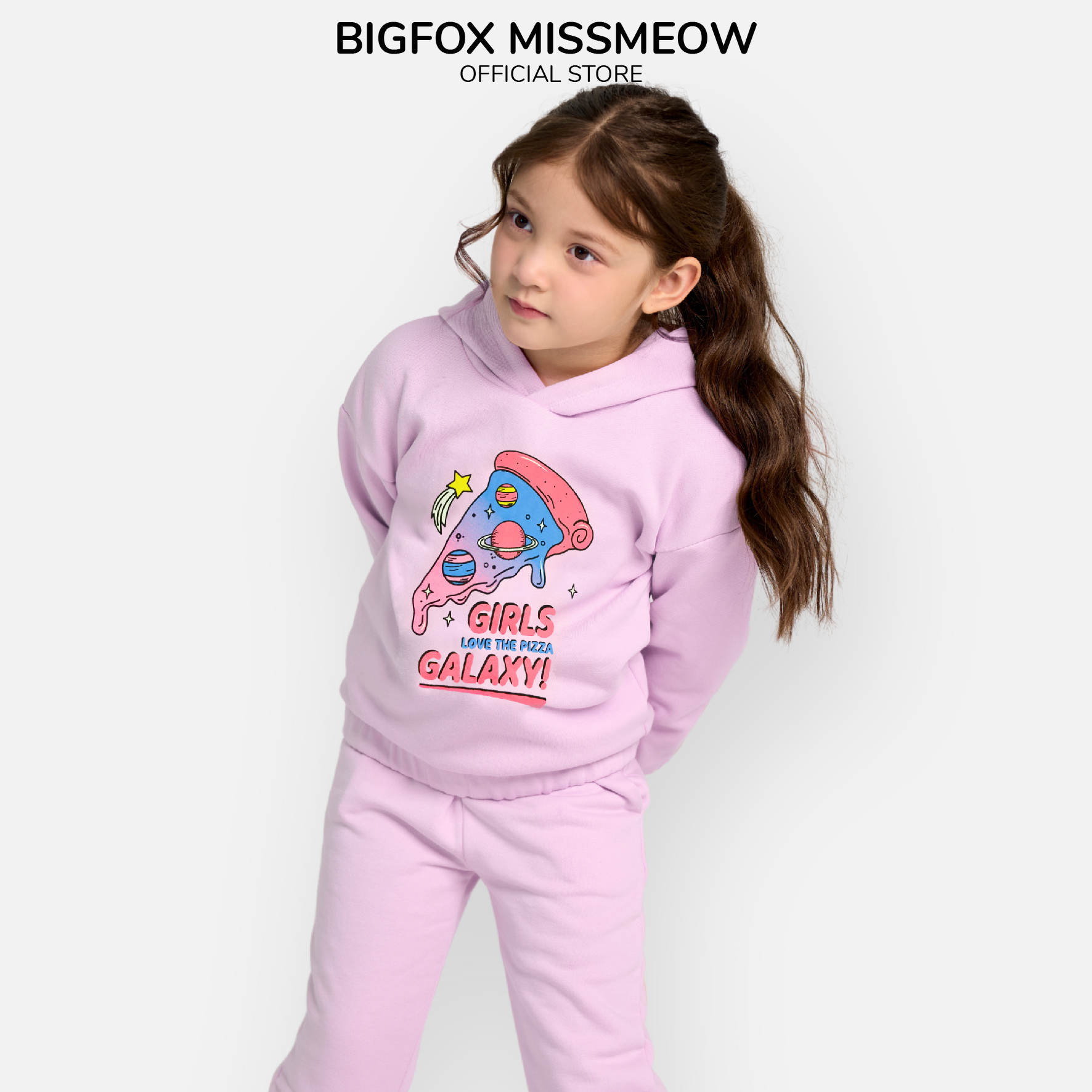 Bộ nỉ bông bé gái Bigfox Miss Meow size đại, bộ thu đông có mũ cho bé gái in Piza size trẻ em 3,4,5…11 tuổi