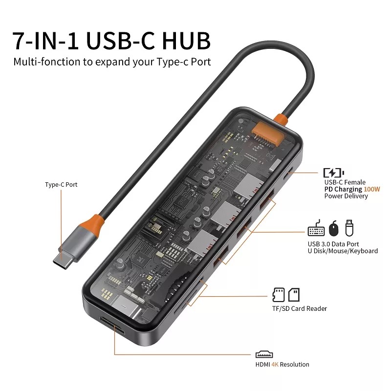 Hub Wiwu Cyber 7 in 1  CB007 USB3.0*3+SD/TF(3.0)+HDMI(4K30)+PD tương thích rộng rãi vơi máy tính bảng, máy tính xách tay và điện thoại di động, thiết kế trong suốt nhìn rõ từng chi tiết - Hàng chính hãng