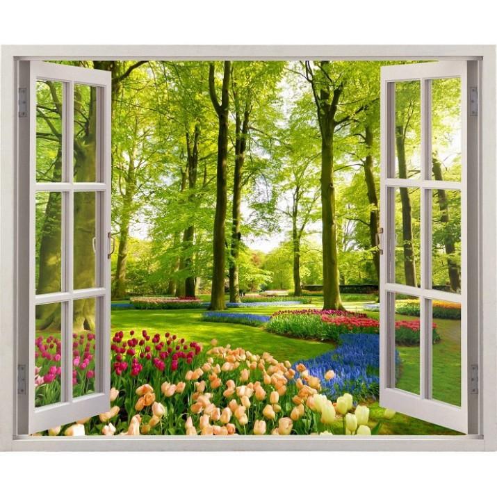 Tranh dán tường Cửa sổ 3D vườn hoa 0033