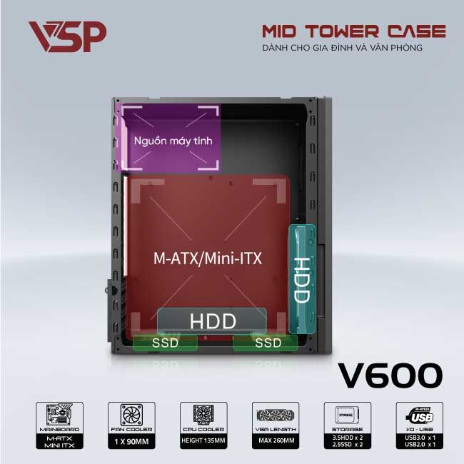 Vỏ máy tính Case VSP V600 [ĐEN] (Mid-Tower/ M-ATX/ Mini-ITX) - Hàng chính hãng VSP phân phối
