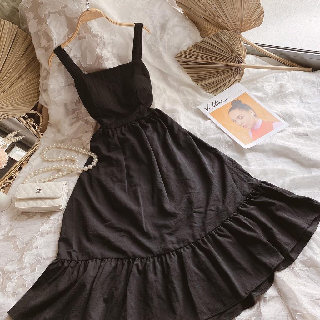 Đầm Xòe Váy Đẹp 2 Dây Đan Dây Nơ Lưng Siêu Xinh Cùng Họa Tiết Trơn Đen Trắng Trên Nền Vải Cao Cấp