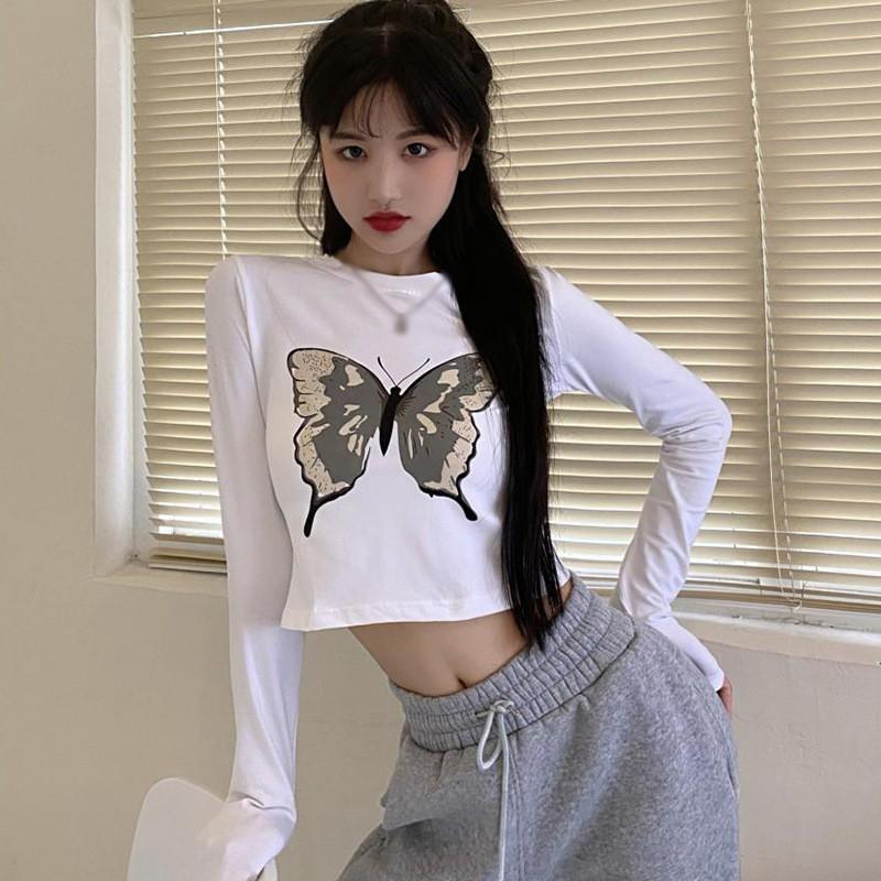 NEW BUTTERFLY Áo Thun Nữ Tay Dài Dáng Ôm In Hình Bướm Thời Trang
