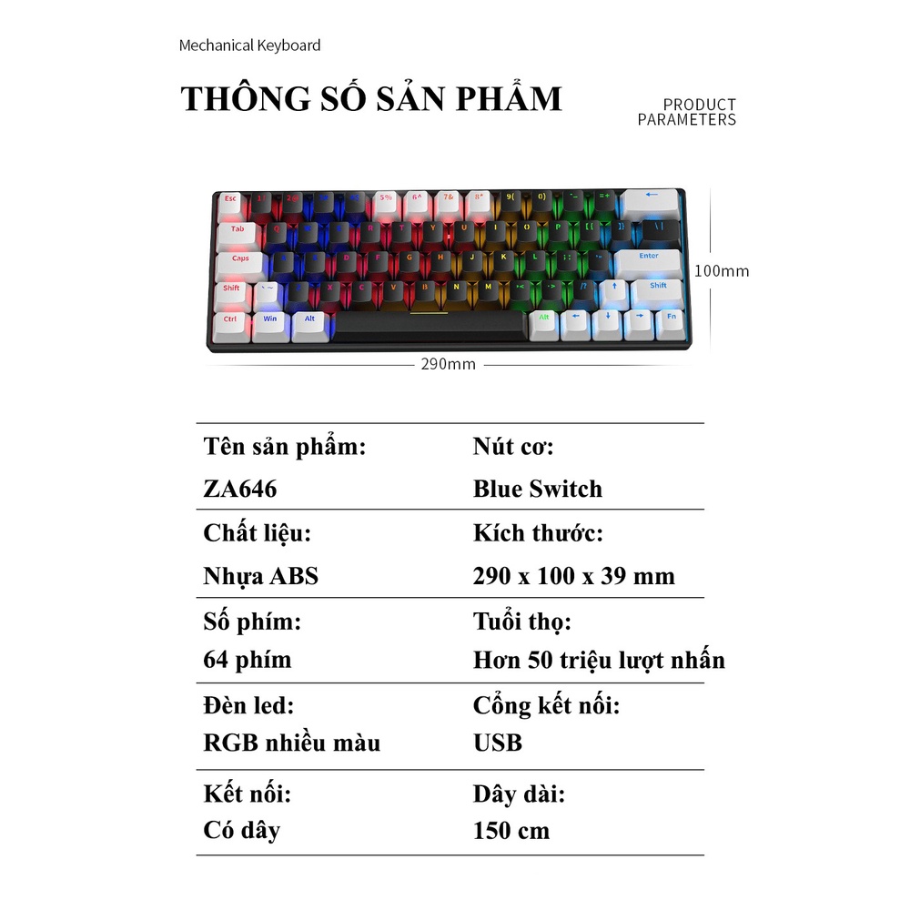 Bàn phím cơ Blue Switch ZIFRIEND KA6406 với thiết kế mini size vô cùng nhỏ gọn kèm theo đèn led RGB