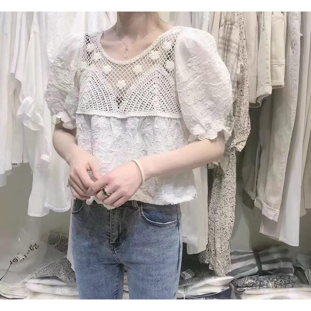 MS597 Áo kiểu babydoll đan móc vải thô thêu hoa tay bồng