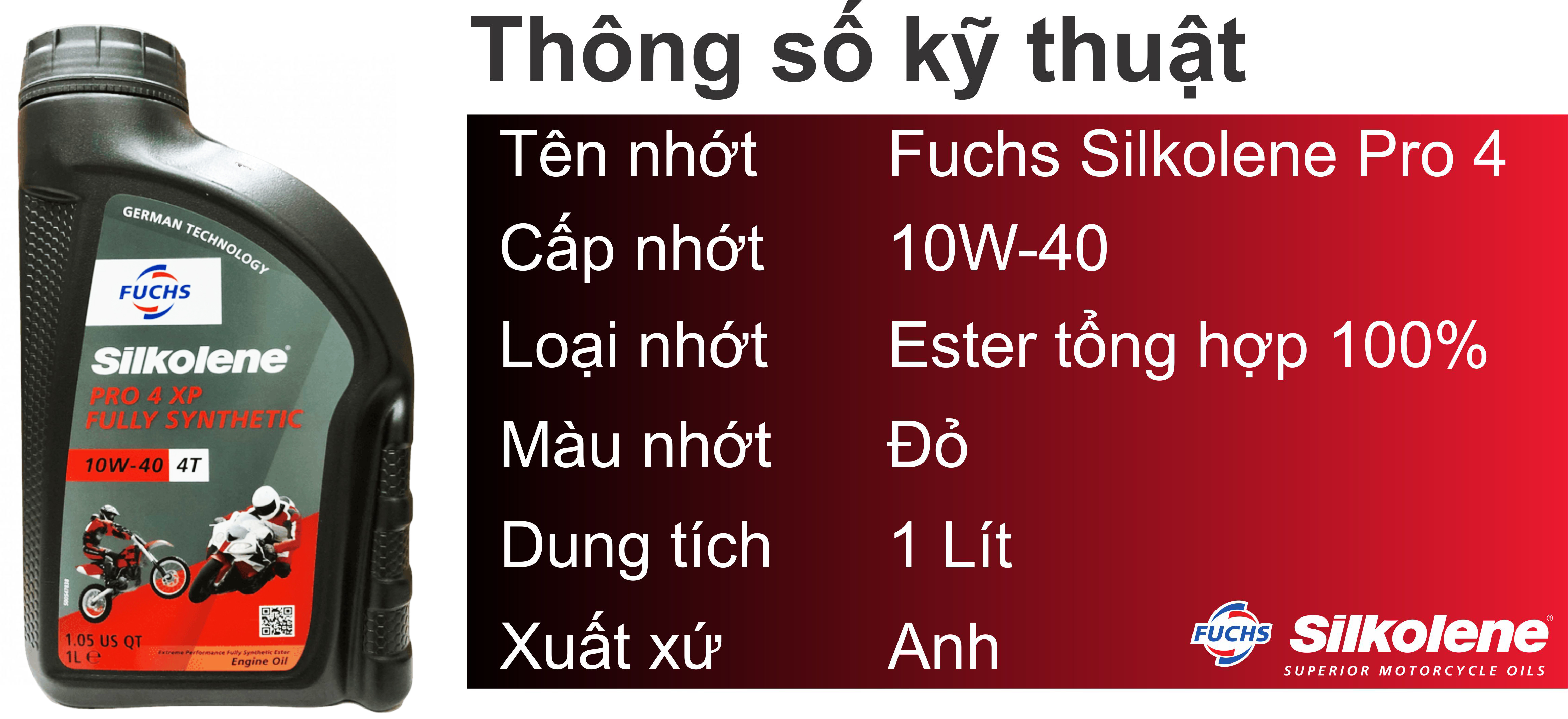 Nhớt Xe Máy / Xe Côn Tay Fuchs Silkolene 10W40 PRO 4 XP FULLY SYNTHETIC 1LÍT Ecoshine.