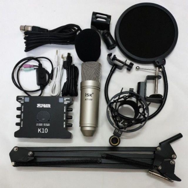 Combo bộ mic livestream hát karaoke thu âm micro isk at100 card k10 dây ma2 chân màng lọc âm