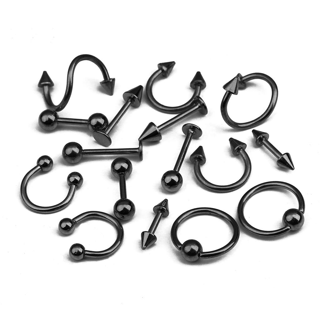 16/Pack Stainless Steel Ear Studs Labret Lip Rings Nose Tongue