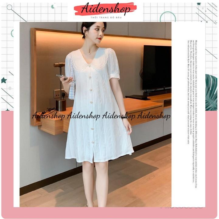 Váy bầu thiết kế công sở Aidenshop Đầm bầu thời trang dáng suông màu trắng chất thô lụa 2 lớp